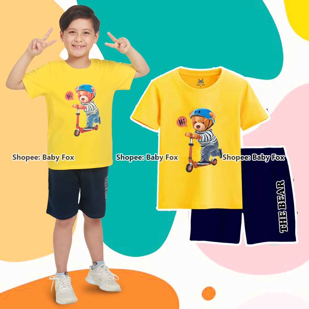 Bộ thun bé trai 100% cotton loại tốt, thương hiệu BABY FOX, in hình gấu, size nhỏ, trung, đại a