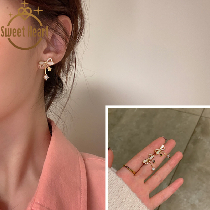 Cặp khuyên tai bằng hợp kim hình nơ đính đá xinh xắn