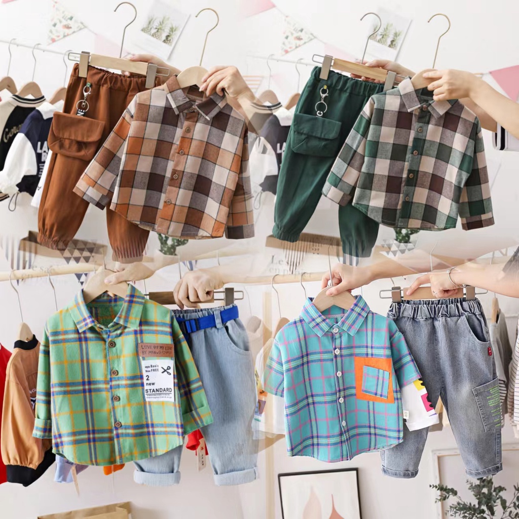Bộ áo sơ mi dài tay + quần dáng dài sành điệu thời trang cao cấp dành cho bé trai