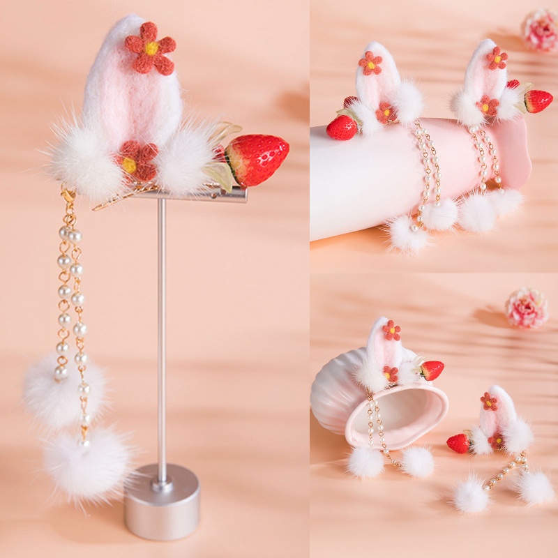 Kẹp Tóc Tua Rua Hình Tai Thỏ / Dâu Tây Đáng Yêu Dành Cho Nữ