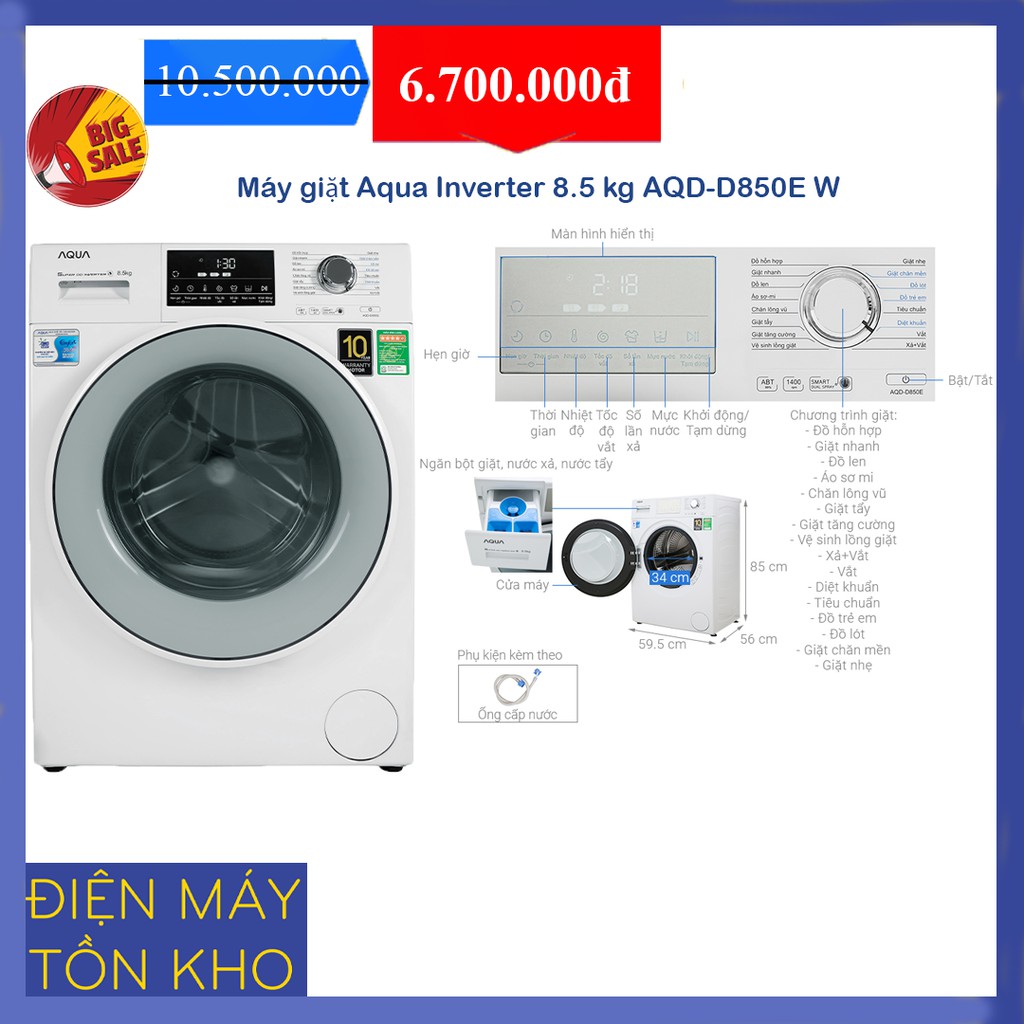 Máy giặt Aqua Inverter 8.5 kg AQD-D850E W