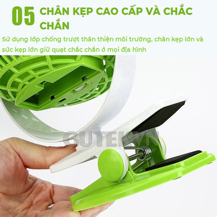 Quạt mini tích điện để bàn kẹp bàn kẹp xe đẩy em bé đa năng 3 tốc độ gió Gutek F186