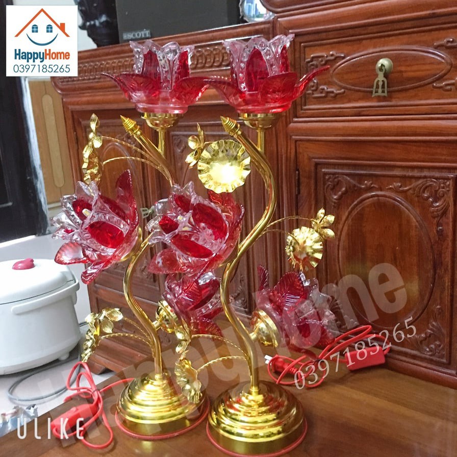 Cặp đèn thờ thủy tinh sen 3 bông  cao 45