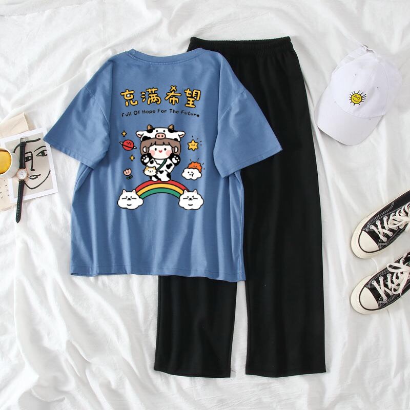 Sét áo phông Cô bé bò sữa + quần suông đen, Áo thun from rộng, Chất đẹp không xù, quần suông ống rộng, Sét bộ mặc ở nhà