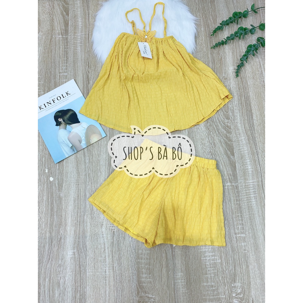 Set yếm vải xốp, đính nơ  trước ngực cho nữ mặc nhà, mặc đi chơi, bảng màu cực tôn da, form đẹp