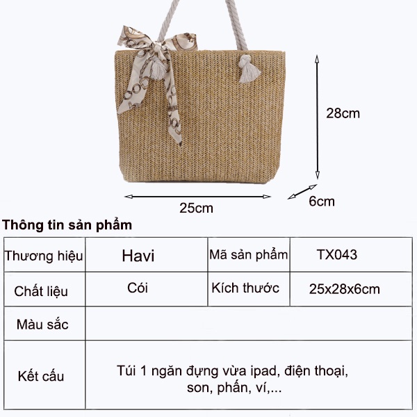 Túi Cói Tote Đẹp, Xách tay, Đeo Vai Đi Chơi, Đi Làm Thời Trang Havi TX043