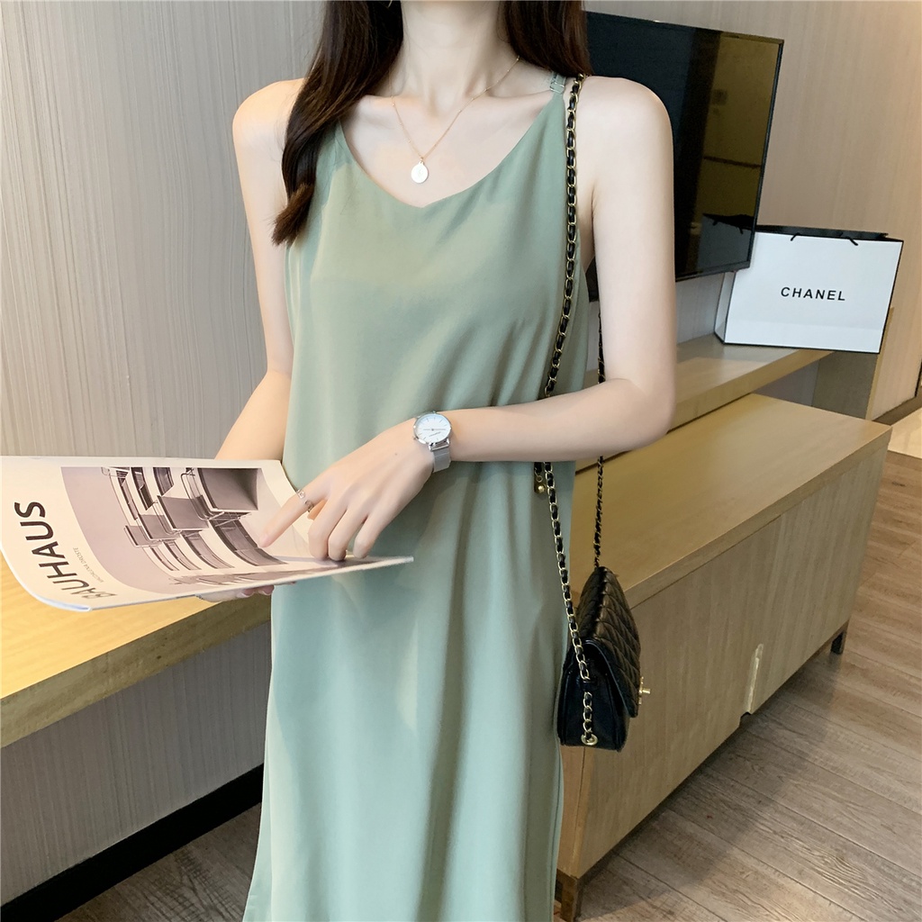 Xiaozhainv Đầm Midi Hai Dây Dáng Chữ A Lưng Cao Cổ Chữ V Chất Liệu Chiffon Phong Cách Hàn Quốc Cho Nữ