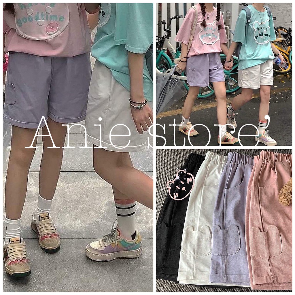 Quần Short Túi Gấu Unisex 🦋 Quần Đùi Nữ Gấu Gập 4 Màu 🦋