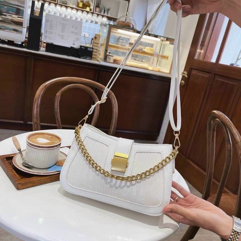 Túi Kẹp Nách Nữ Khoá Vuông, Túi Xách Nữ Đeo Chéo Vân Rắn