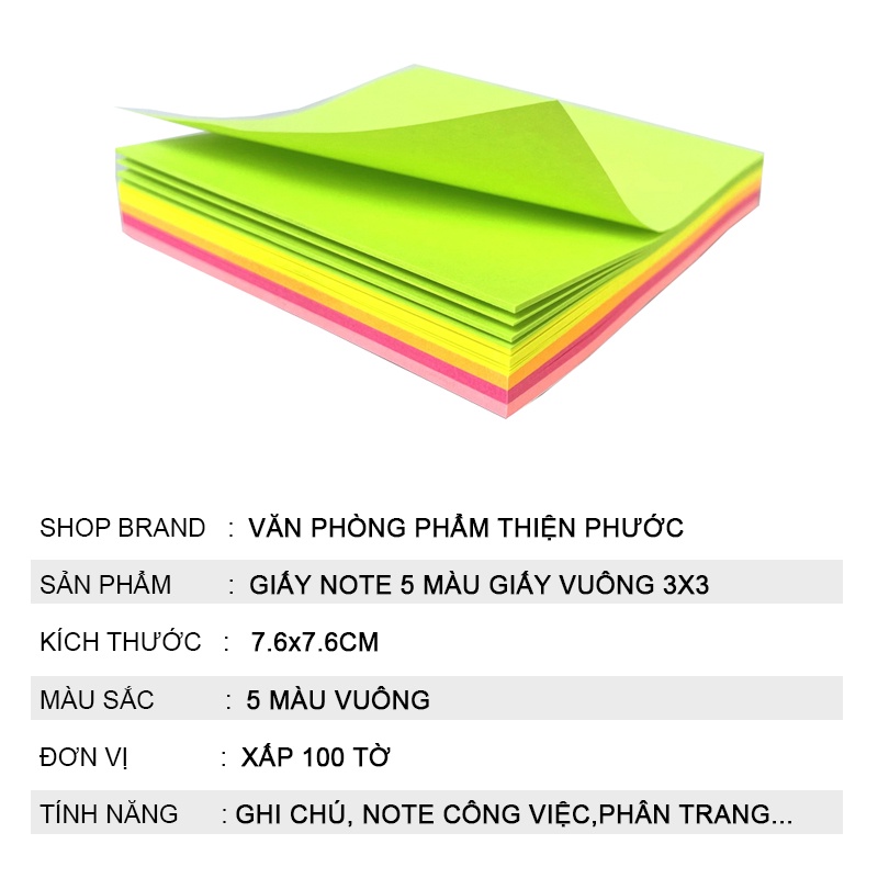 Giấy note 5 màu 3x3 vuông dạ quang Uni T THIỆN PHƯỚC