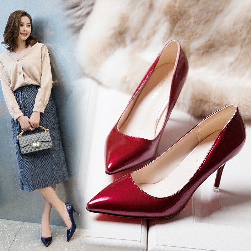 Giày cao gót/Giày nữ, sexy, mũi nhọn, da bóng, gót nhỏ, phong cách Hàn Quốc, dễ kết hợp