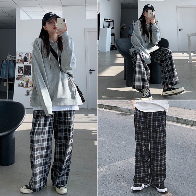 Quần Kẻ Caro Nữ Dáng Rộng Ống Suông  Cạp Chun Ulzzang Full Màu Hot YAME