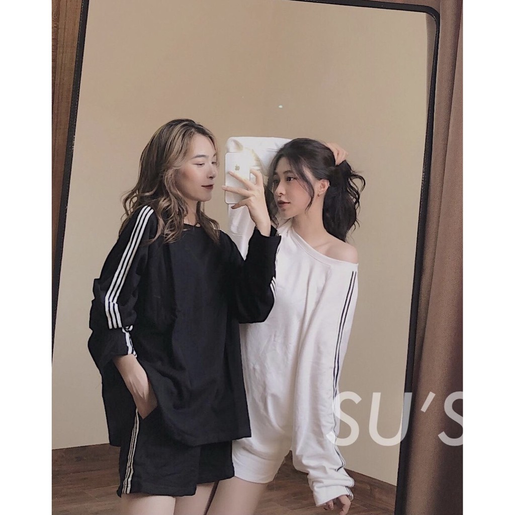 Set Nữ Short Áo Dài Tay 3 Sọc ⚡ Casper.Store | FREESHIP | ⚡ Set quần suông áo thun form rộng, kiểu dáng cá tính