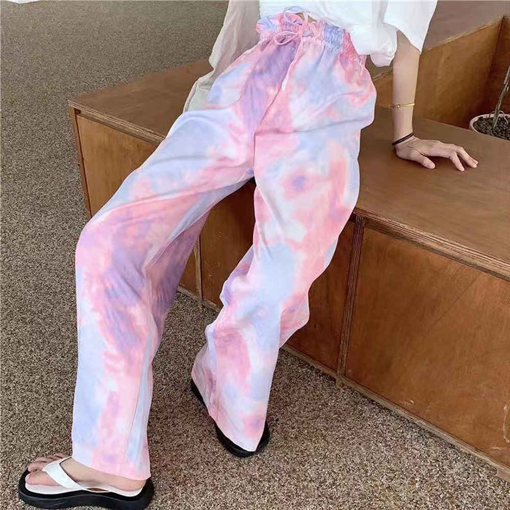 Korean Style Tie Dye Straight Pants Women High Waist Loose Casual Elastic Waist | BigBuy360 - bigbuy360.vn