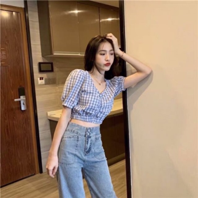 Áo croptop tay phồng sọc 5 màu nhún eo chất vải mềm LIKANO CRT04