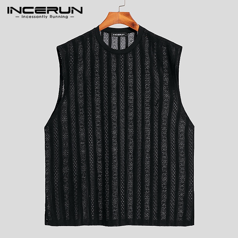 Áo tank top INCERUN sát nách dáng rộng phối ren xuyên thấu thời trang trẻ trung dành cho nam