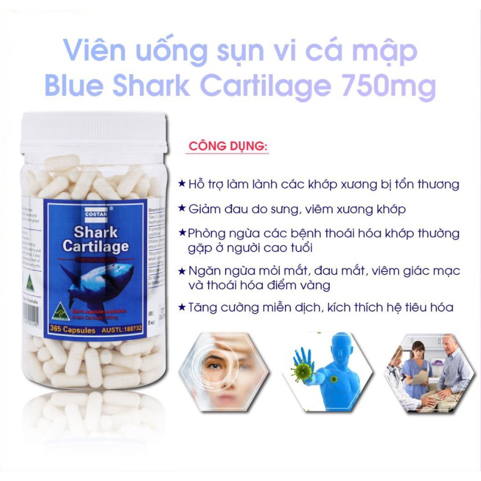 Hỗ trợ xương khớp Sụn Vi Cá Mập Costar 750mg - Shark Cartilage 365 Viên Của Úc