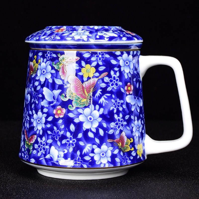 Men gốm sứ Trắng Trung Quốc Cốc cà phê có nắp lọc Teacup Flower Mỹ Bộ nước trà