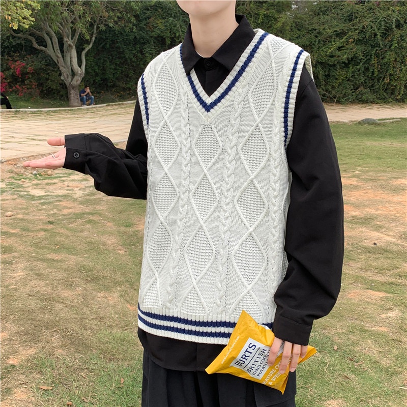 Áo sweater không tay cổ chữ V dáng rộng phong cách mùa thu cho nam