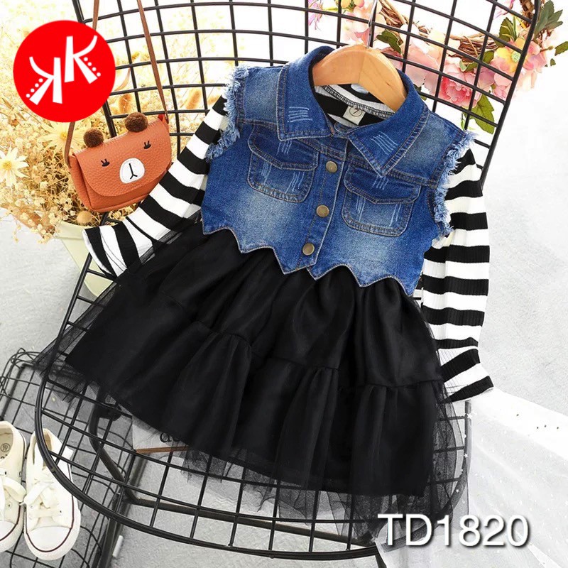 shop online Set váy voan phối kẻ ngang kèm áo bò ngắn tay lửng sang chảnh đi chơi đi tiệc chơi tết cho bé