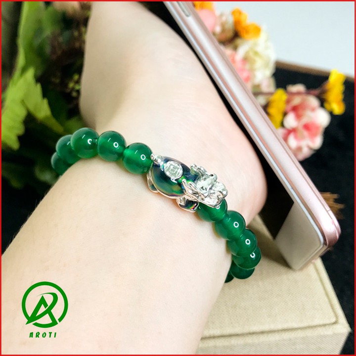 Vòng Tay Phong Thủy Mộc - Vòng Tay Mã Não Xanh lá 8mm Mix Long Quy Bạc Đổi Màu Độc Lạ V377-8