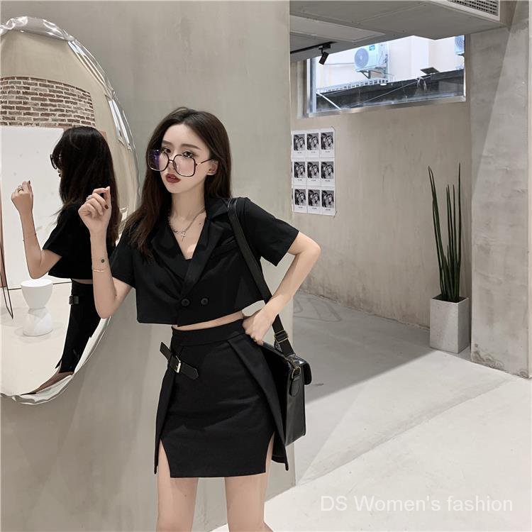 New Arrivals2021Summer  Black Suit Jacket+Dress  Korean-Style Short  Slit Skirt Suit