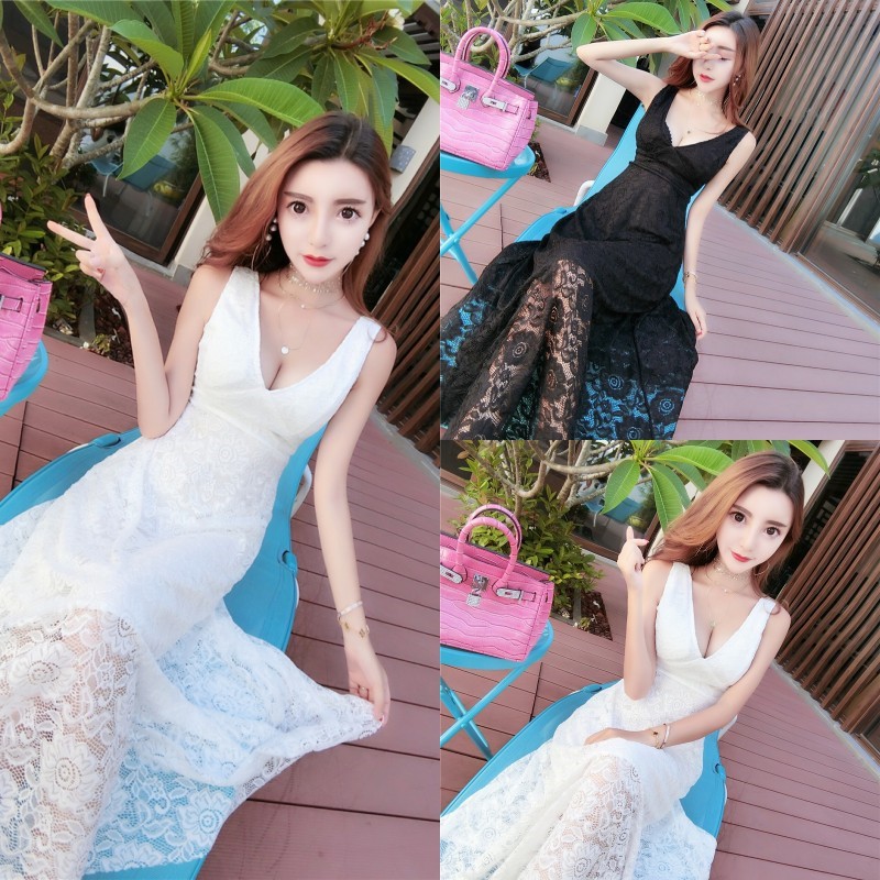 Đầm Dài Cổ Chữ V Khoét Sâu Phối Ren Hoa | BigBuy360 - bigbuy360.vn