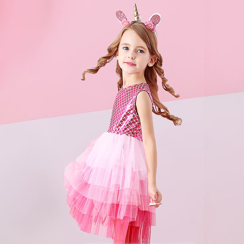 Đầm Bé Gái Từ 4-8 Tuổi Tay Ngắn In Hình Nàng Tiên Cá Nhiều Màu Dễ Thương