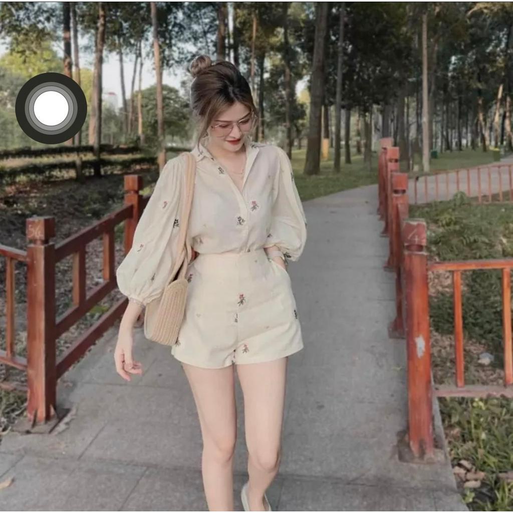 Set Nữ Thêu Hoa Quần Short Khuy Cườm S15
