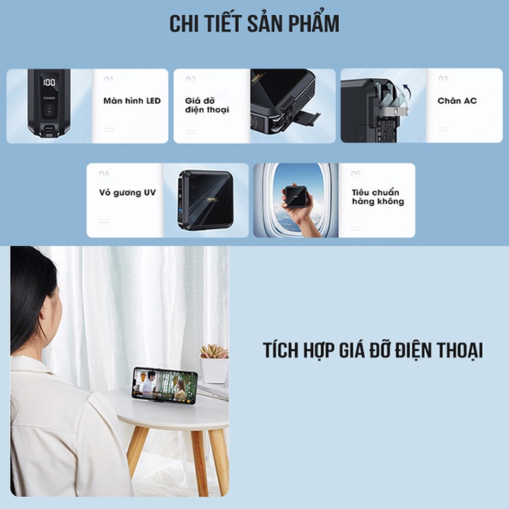 Aki shop Cốc sạc nhanh kiêm pin sạc dự phòng đa năng Remax RPP-276 15000mAh tích hợp cáp sạc type C và iphone decor