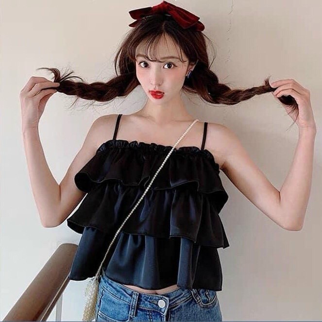 Áo crotop  2 dây 3 tầng, áo hở lưng hai dây kiểu bánh bèo đáng iu