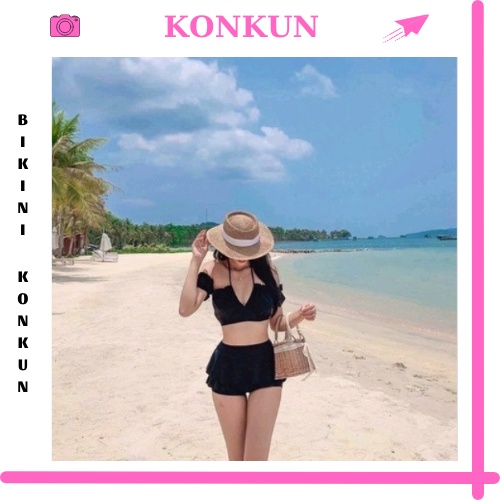 [HÌNH THẬT] Đồ bơi bikini nữ đi biển 2 mảnh tay bồng phối váy Hiền Hồ KONKUN MS77