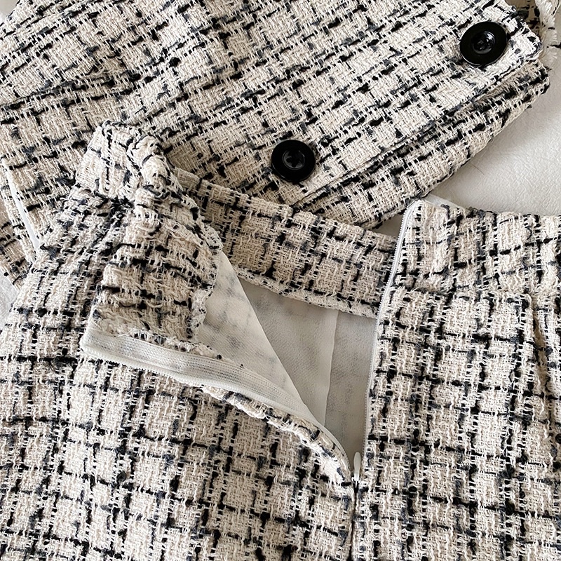 Sẵn  set bộ dạ tweed áo hai dây chân váy chữ A sang chảnh điệu đà hoạ tiết vải tuýt kẻ có bán lẻ rời dễ phối đồ