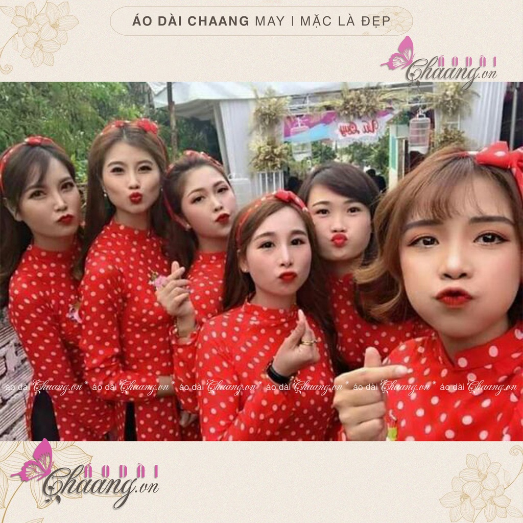 Áo Dài Đỏ Tươi Chấm Bi Trắng May Sẵn Áo Dài Truyền Thống Cổ Vuông Tay Lỡ Lụa Mặc Tết Đẹp
