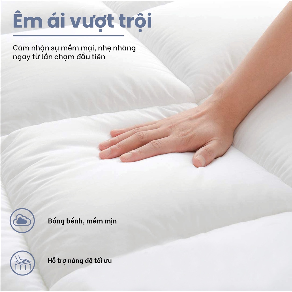 Topper CHUMY tiêu chuẩn khách sạn, bông microfiber siêu êm ái, vỏ bọc T233 100% cotton, độ dày 07cm-10cm