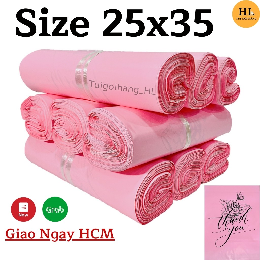 Túi gói hàng hồng pastel chất liệu cao cấp in thank you hoa văn size 25x35 TUIGOIHANGHL