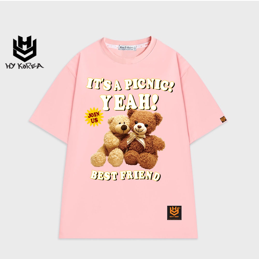 Áo thun cặp nhóm tay lỡ HY KOREA nam nữ form rộng in hình Gấu Best Friend 476