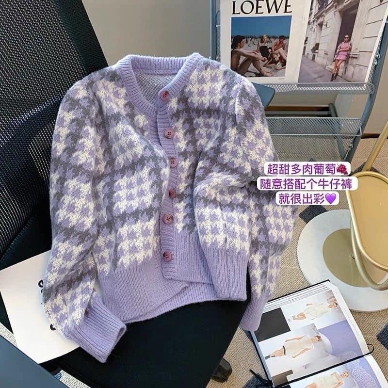 Áo cardigan nữ, Chất lông siêu mềm mịn, Hoạ tiết kẻ tím siêu trẻ trung, Phong cách Hàn Quốc