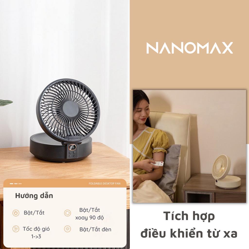 Quạt Mini Tích Điện NANOMAX WSK302, Gấp Gọn, Để Bàn, Treo Tường, Điều Khiển Từ Xa, Đèn Ngủ, Đế Xoay 90 Độ, 3 Tốc Độ Gió