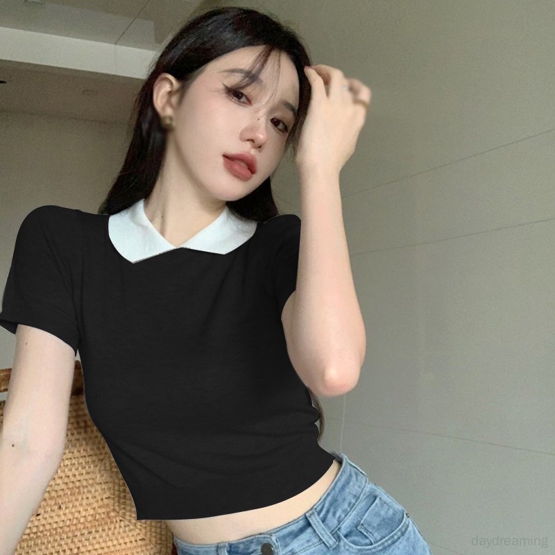 Áo Croptop Dệt Kim Tay Ngắn Cổ Búp Bê Màu Sắc Tương Phản Thời Trang Cho Nữ