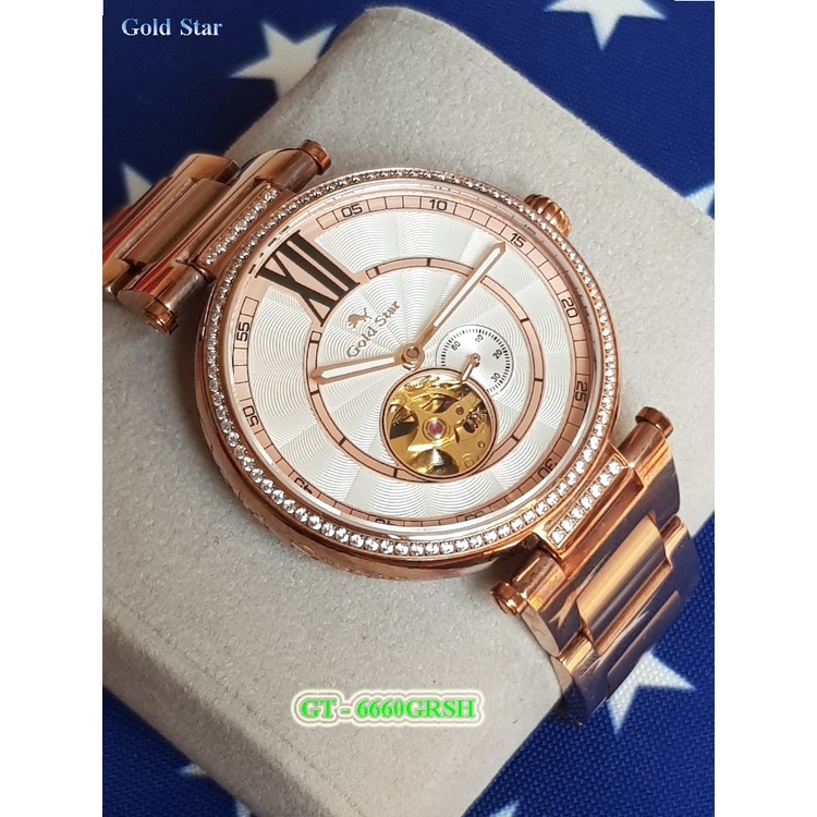 Đồng Hồ *Gold Star* Tự Động Chính Hãng Nam GT-6660GRSH ,Thép 316L Mạ Vàng 24k,Kính Saphia,Gắn Kim Cương,Chịu Nước 100mét