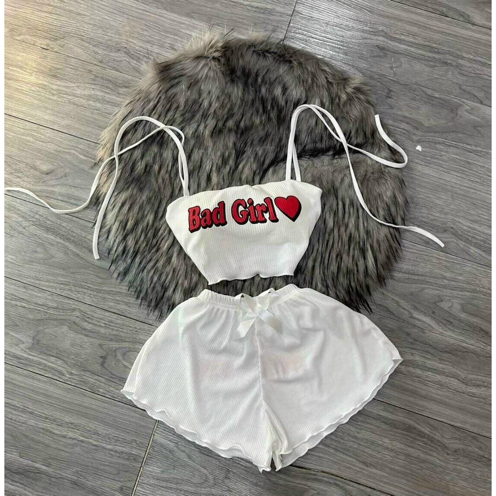 Đồ Ngủ Sexy Nữ, Set Hai Dây Bad Girl cực hot mặc nhà siêu dễ thương free size dưới 58kg