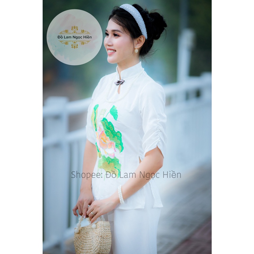MẪU ĐỒ LAM HOA SEN TRẮNG THÊU THIẾT KẾ VẢI LỤA PHÁP XỊN,GIÁ BÌNH DÂN