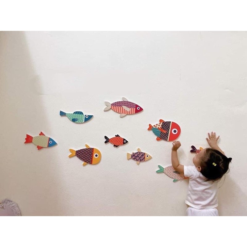 Bộ tranh gỗ  Cá decor dán tường cao cấp  trang trí phòng khách, phòng ngủ, tranh cá treo tường gắn sẵn băng dính