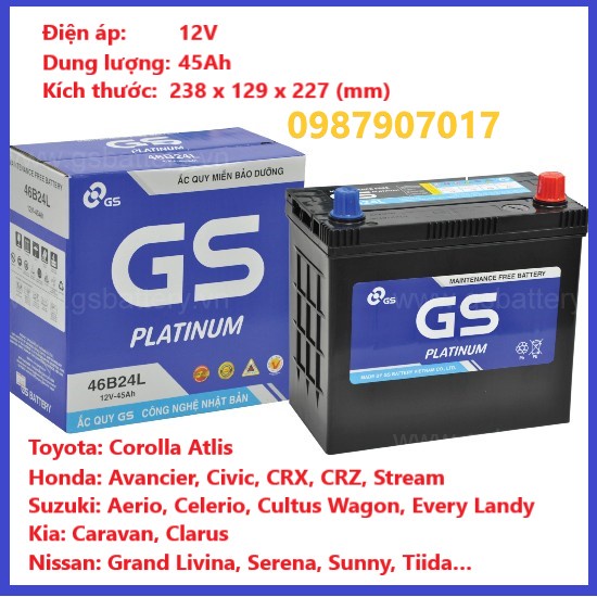 ẮC QUY OTO GS 12V-45Ah 46B24L dùng cho xe Toyota Corolla Atlis, honda city, honda civic