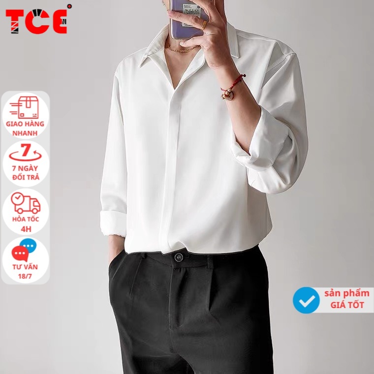 Áo sơ mi nam TCE dài tay cổ bẻ dáng ôm Hàn Quốc vải cotton chéo cao cấp chống nhăn