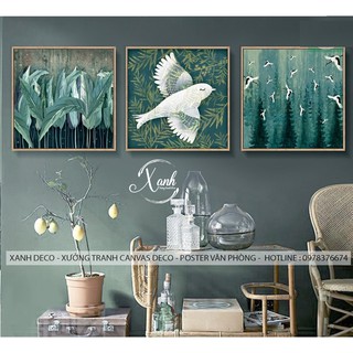 Bô 3 tranh canvas chim và lá cây nghệ thuật tặng đinh treo tranh không khoan tường