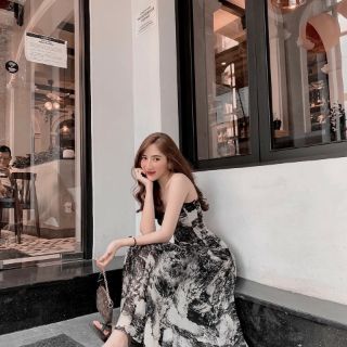 Đầm 2 dây loang họa tiết