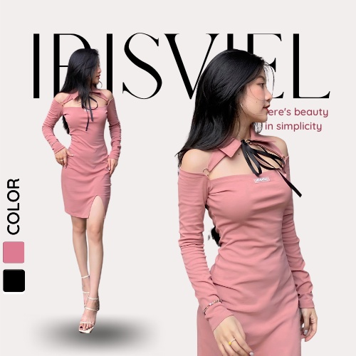 Váy trễ vai thắt nơ IRISVIEL, váy ngắn hở vai thắt nơ cổ đức dài tay ôm body phối khoen kim loại cá tính S/M