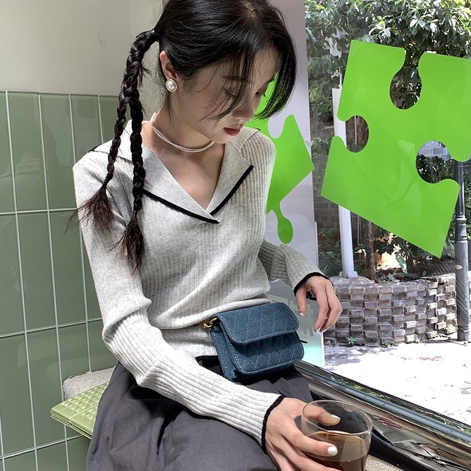 【ZHELIHANGFEI】Áo Sweater Tay Dài Cổ POLO Dáng Rộng Lưng Cao Dễ Phối Đồ